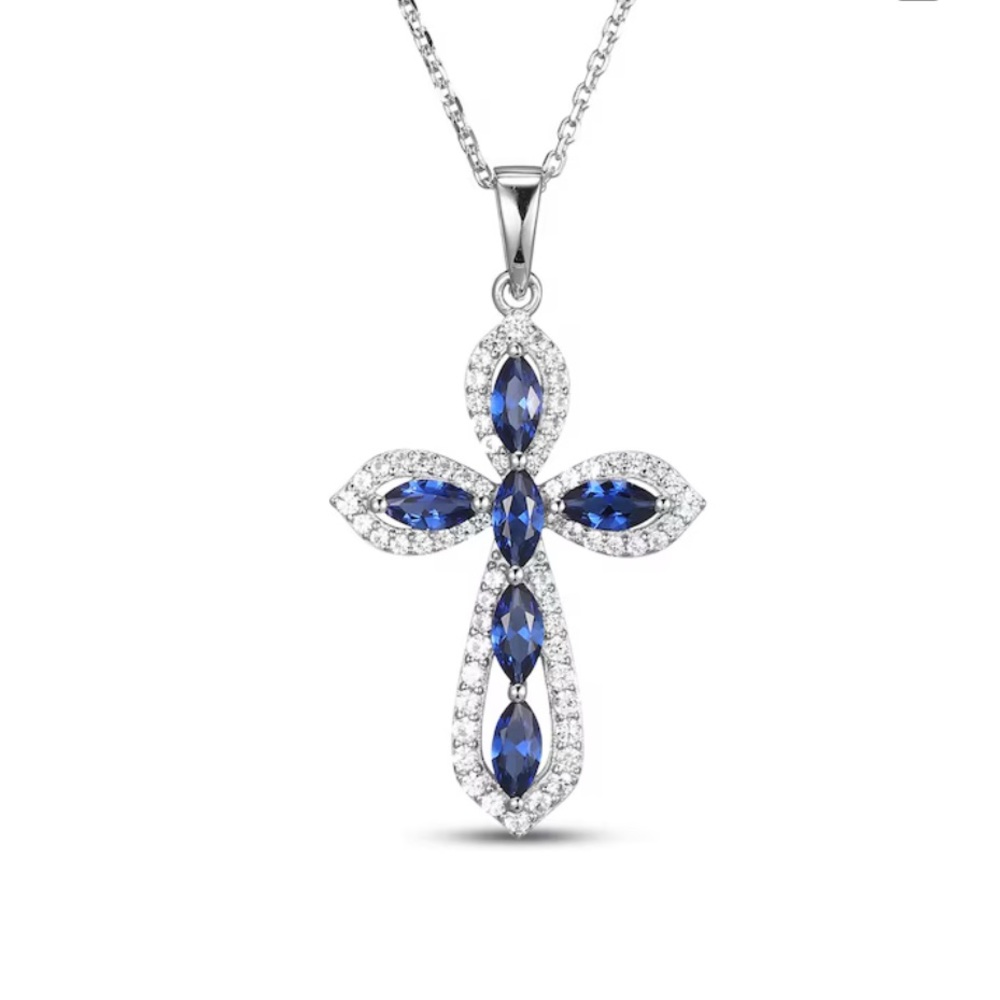Marquis-cut Blue & White Sapphire Cross Necklace -Sterling Silver Authentic
-18” - Picture 13 of 15
